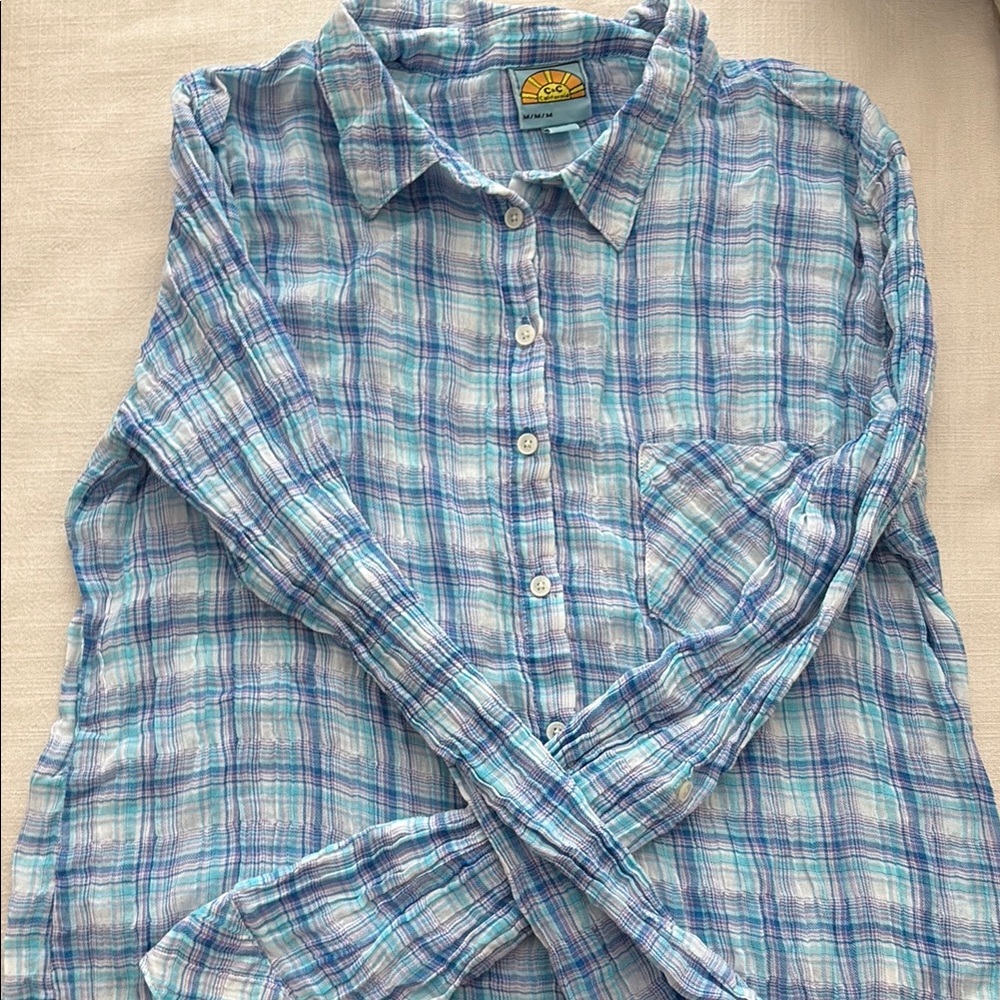 C&C California Turquoise and Purple Plaid Shirt - Crinkle